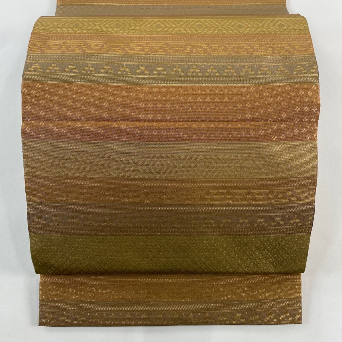 袋帯 秀品 織悦 落款 縞 菱 箔 薄茶色 全通 正絹