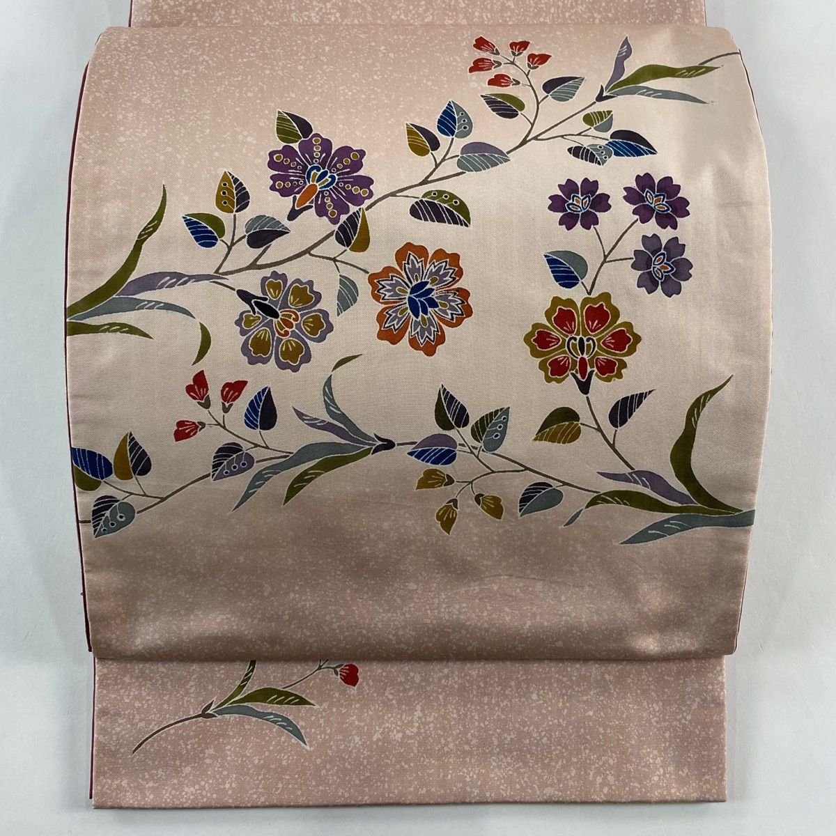 袋帯 秀品 紬地 草花 ぼかし ピンク お太鼓柄 正絹