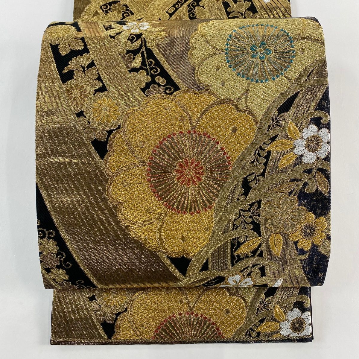 袋帯 秀品 振袖向き 桜 波頭 金糸 箔 黒 六通 正絹