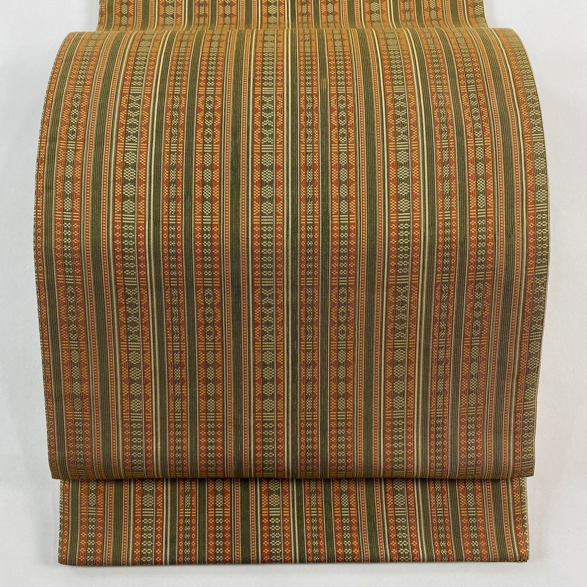 袋帯 秀品 落款 あらいそ 縞 幾何学模様 山吹茶色 全通 正絹