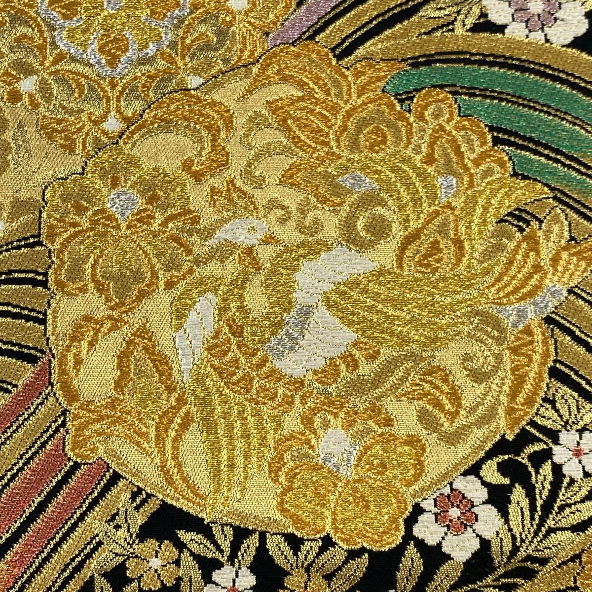 袋帯 秀品 振袖向き 華文 花鳥 金銀糸 箔 金色 六通 正絹