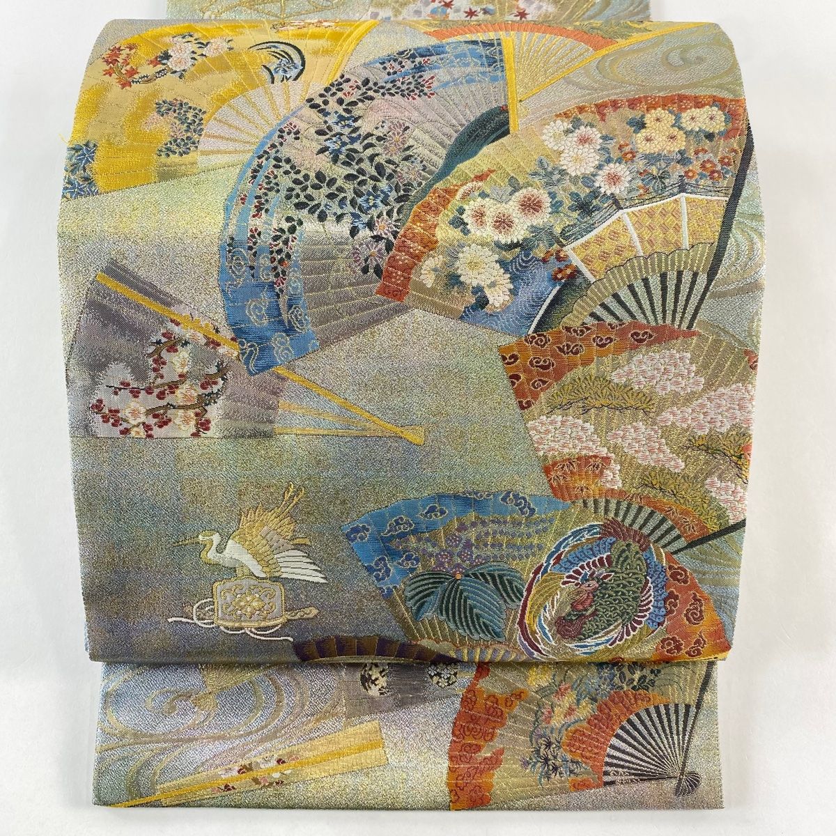 袋帯 秀品 落款 徳川美術館秘蔵 扇 草花 箔 薄緑 お太鼓柄 正絹
