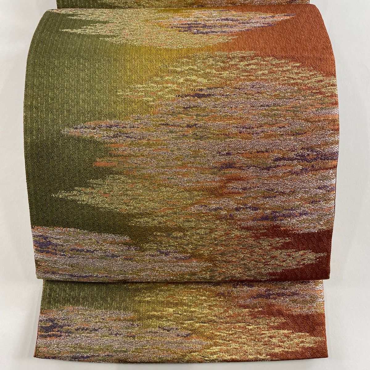 袋帯 秀品 霞 金糸 箔 茶緑色 六通 正絹
