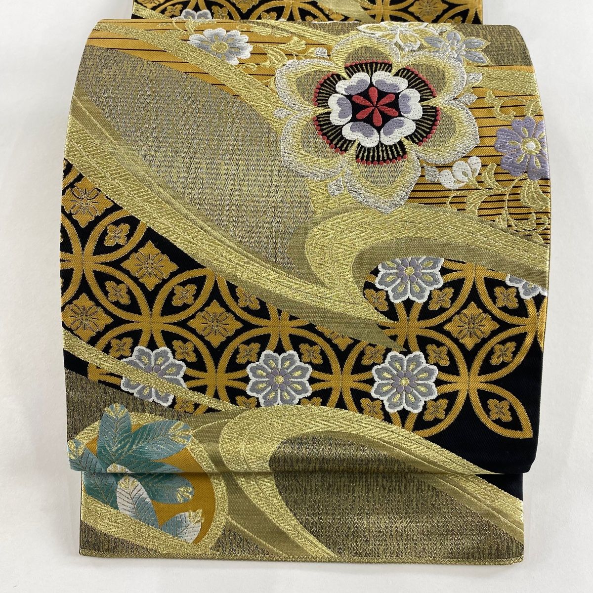 袋帯 秀品 華文 七宝 箔 金銀糸 金色 六通 正絹