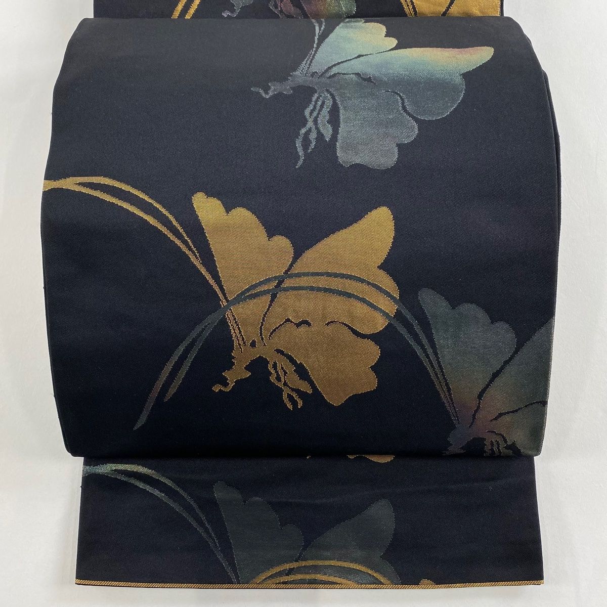 袋帯 秀品 織悦 落款 振袖向き 関西仕立て 蝶 箔 黒 全通 正絹