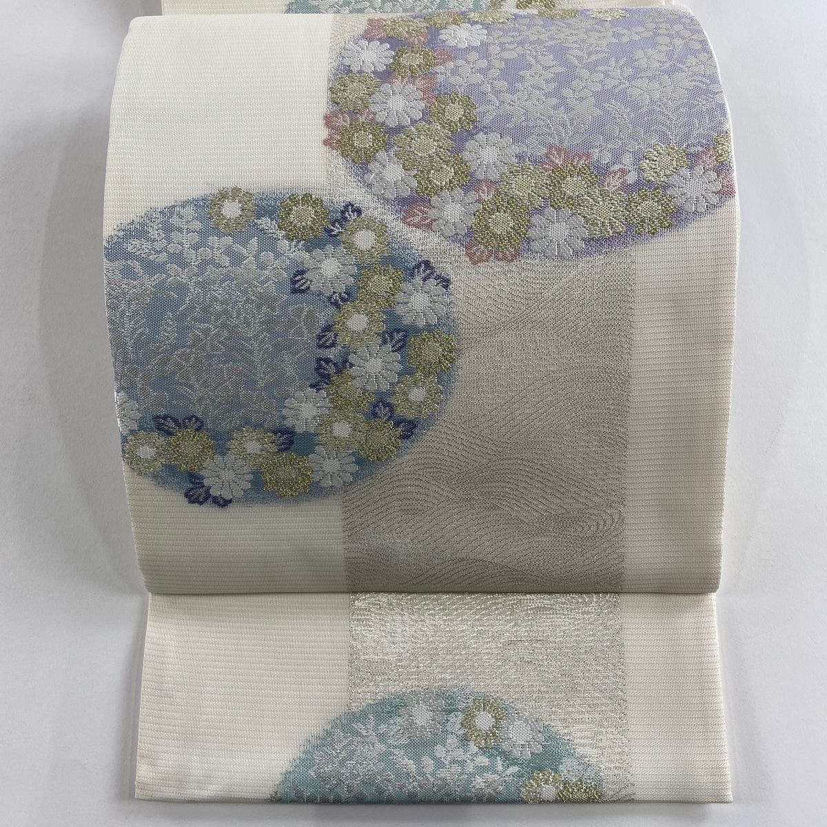 袋帯 秀品 夏帯 絽 菊 波 金糸 箔 灰白 六通 正絹