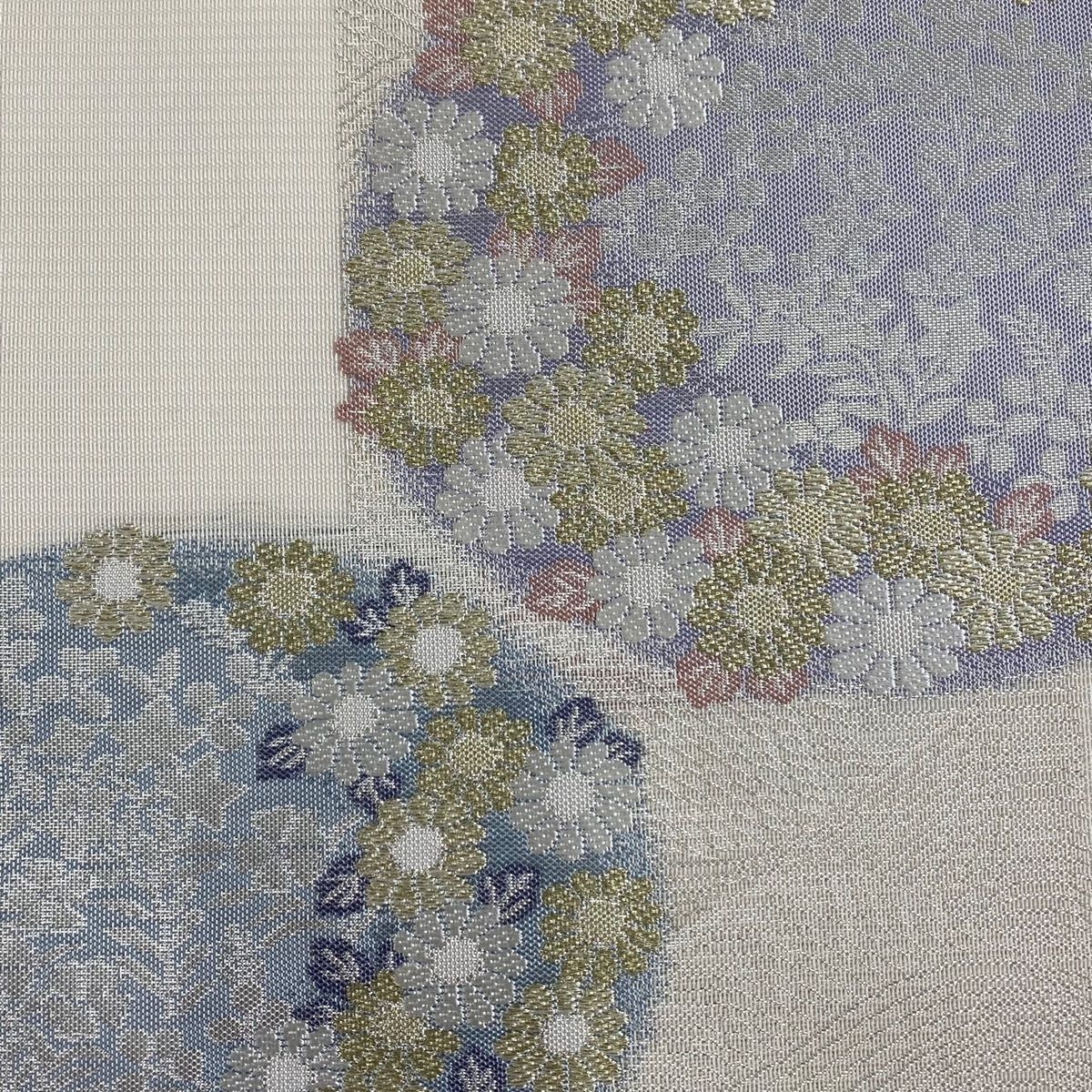 袋帯 秀品 夏帯 絽 菊 波 金糸 箔 灰白 六通 正絹