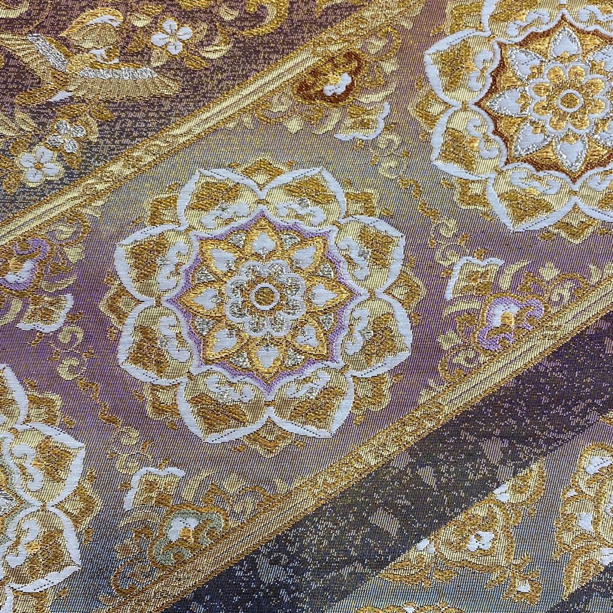 袋帯 秀品 華文 花鳥 金糸 箔 金色 六通 正絹