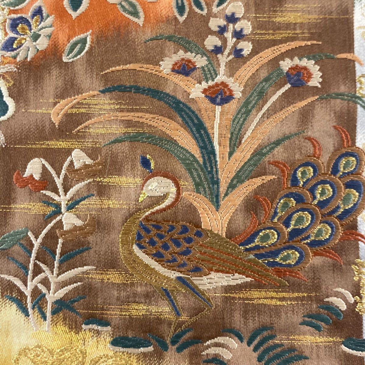 袋帯 秀品 華文 花鳥 金糸 箔 茶色 六通 正絹