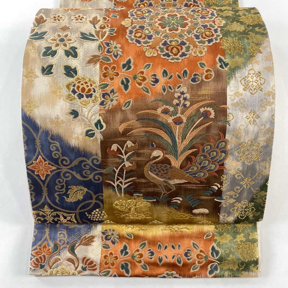 袋帯 秀品 華文 花鳥 金糸 箔 茶色 六通 正絹