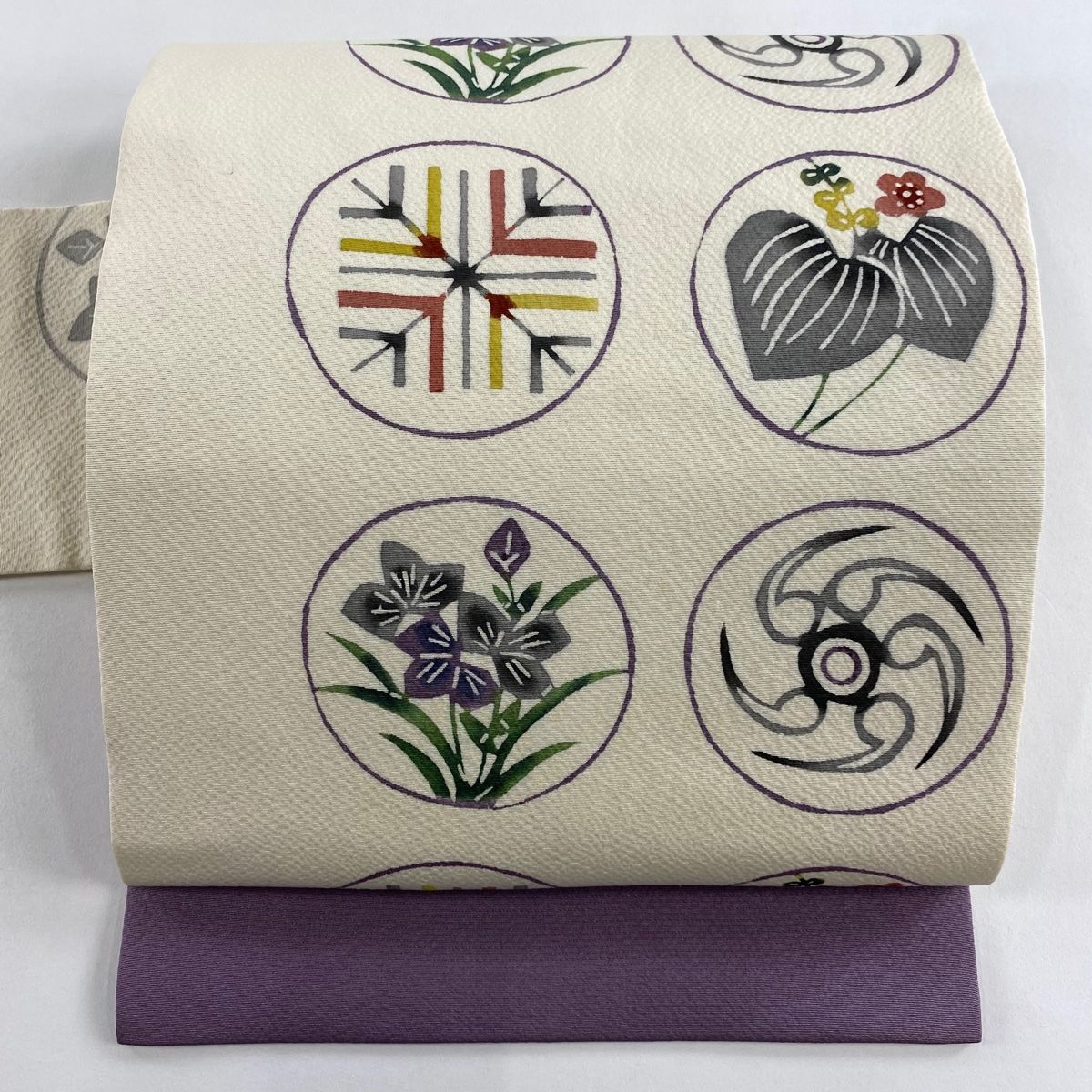 名古屋帯 秀品 丸文 草花 クリーム 正絹