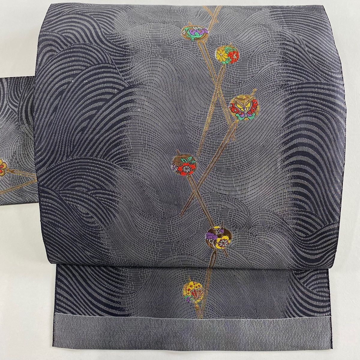 名古屋帯 秀品 簪 波 銀糸 箔 灰色 正絹