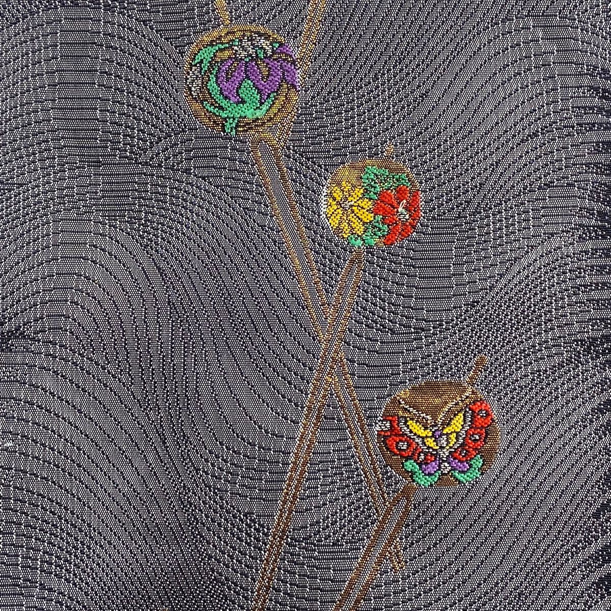 名古屋帯 秀品 簪 波 銀糸 箔 灰色 正絹