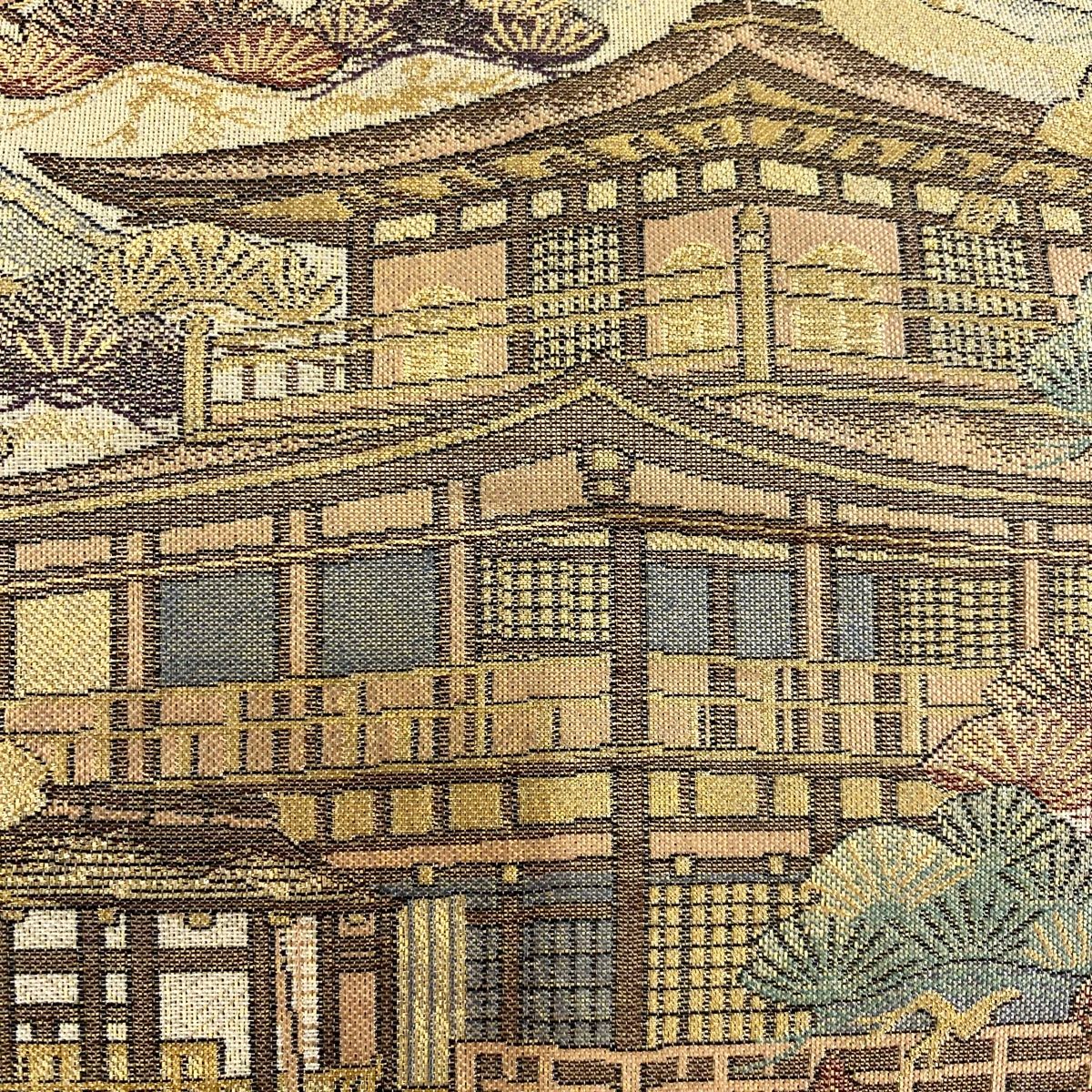袋帯 秀品 建物 松 金糸 箔 金色 六通 正絹
