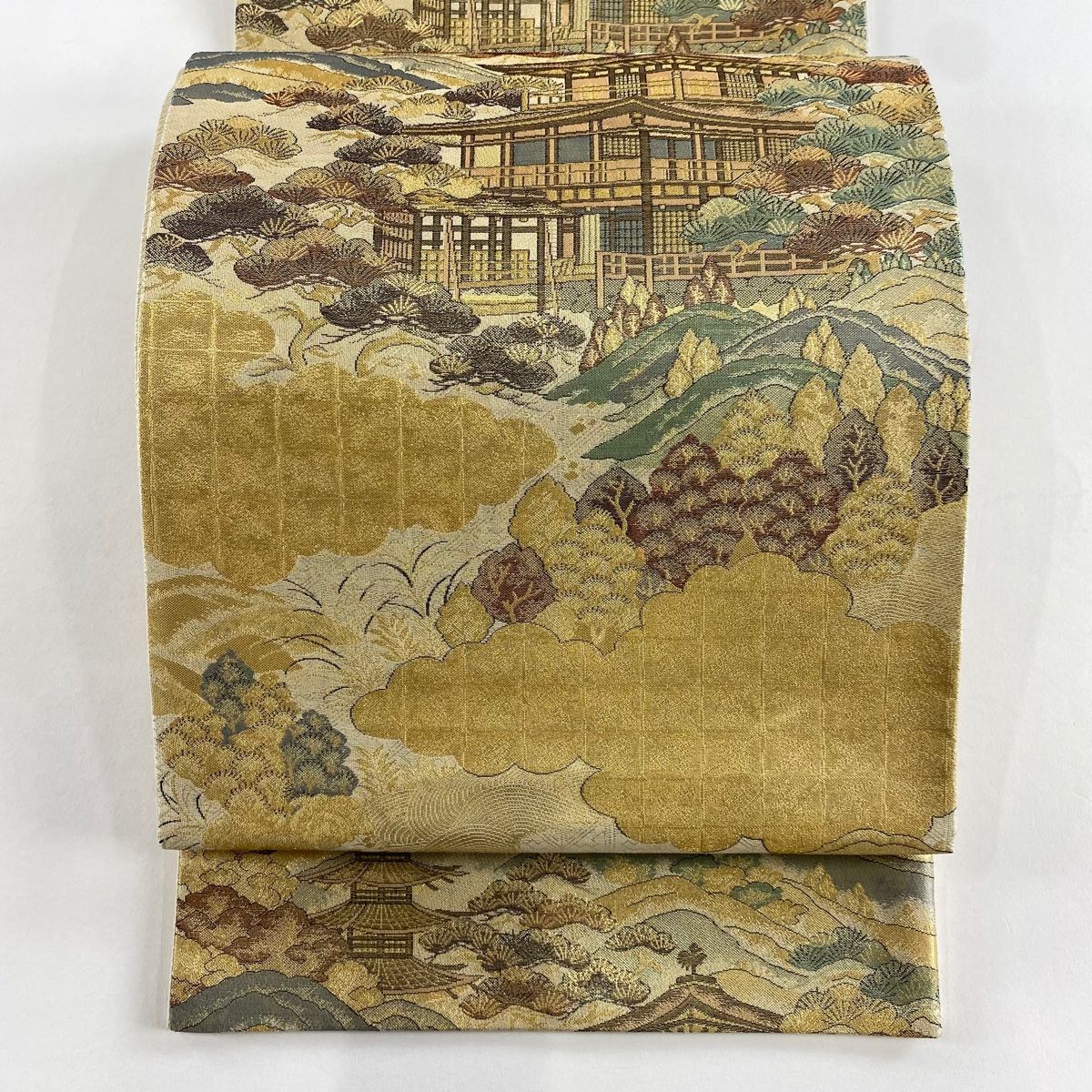 袋帯 秀品 建物 松 金糸 箔 金色 六通 正絹