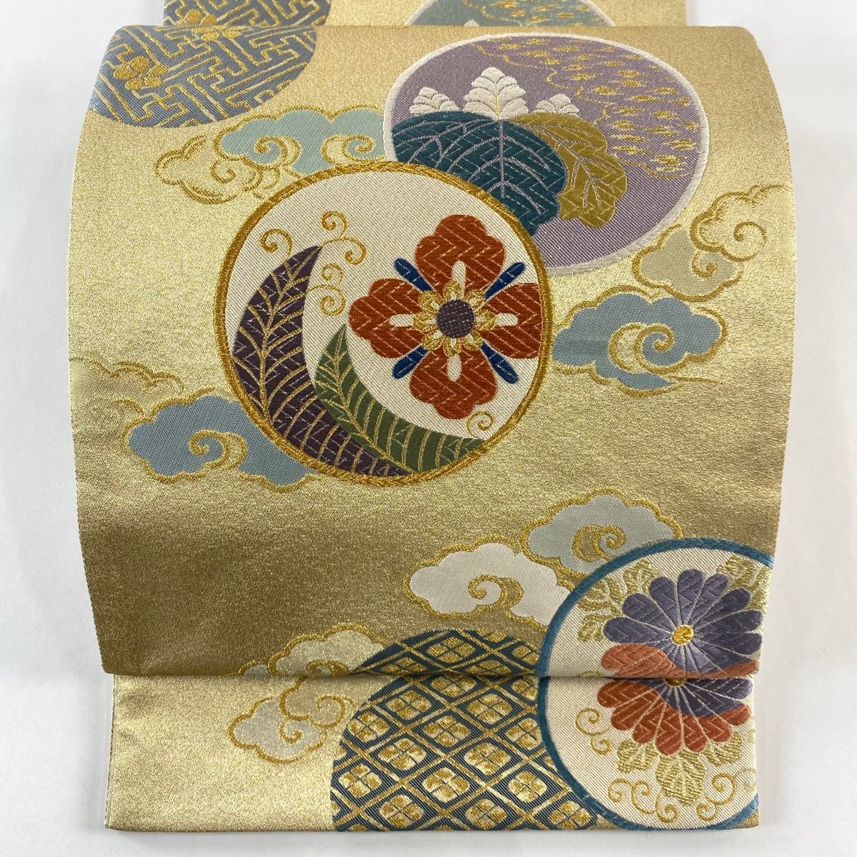 袋帯 秀品 丸文 花菱 金糸 箔 金色 六通 正絹