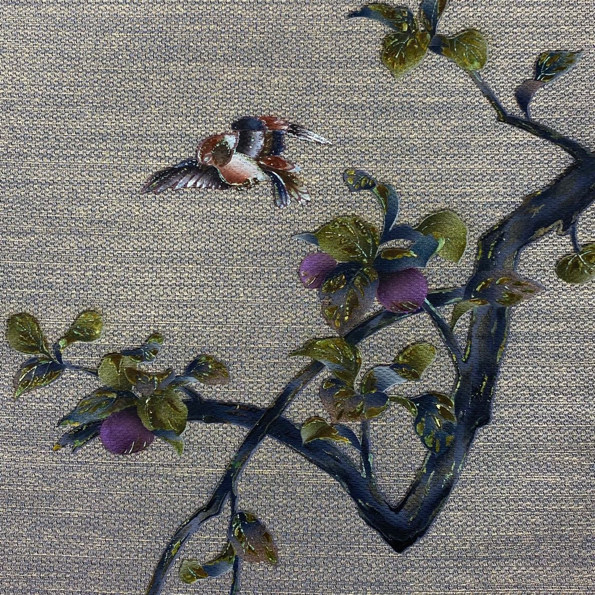 袋帯 秀品 葉と実 鳥 箔 灰茶 お太鼓柄 正絹