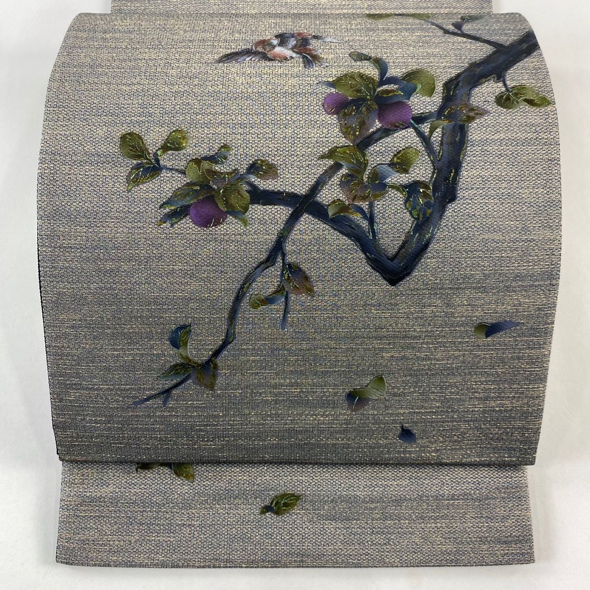 袋帯 秀品 葉と実 鳥 箔 灰茶 お太鼓柄 正絹