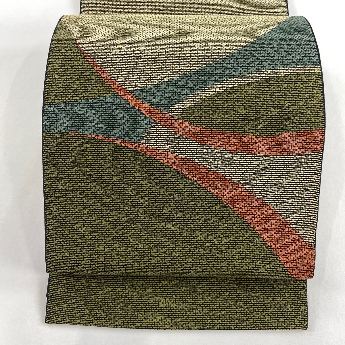 袋帯 秀品 幾何学 茶緑色 お太鼓柄 正絹