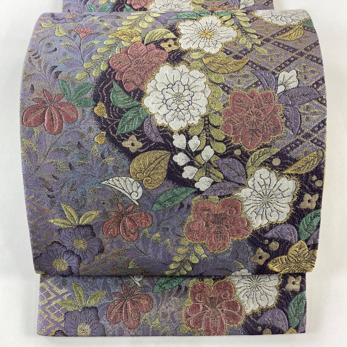 袋帯 秀品 やまと 辻が花柄 菱 金糸 箔 紫 六通 正絹