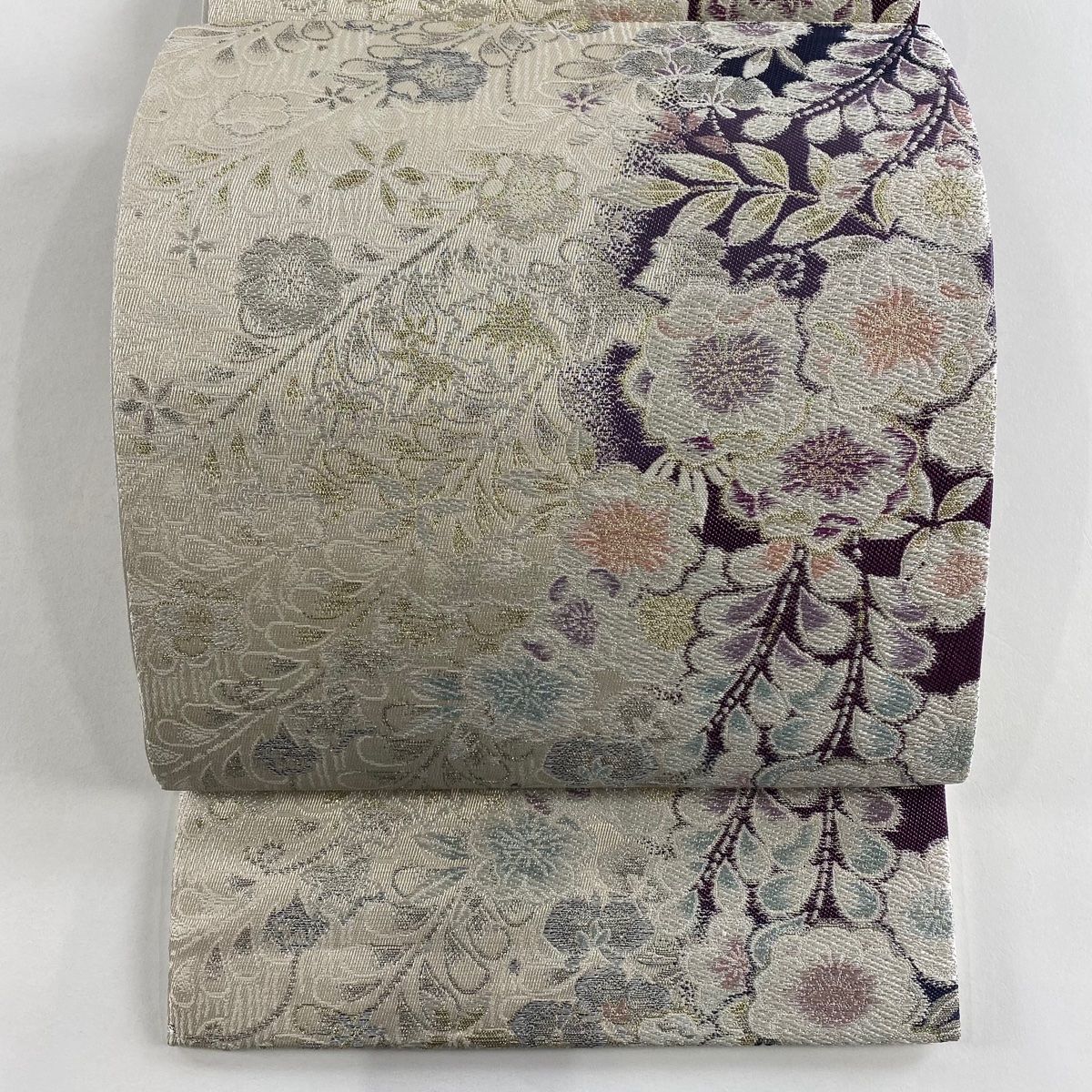 袋帯 秀品 辻が花柄 銀糸 箔 灰白 六通 正絹