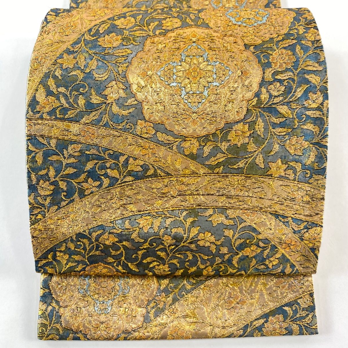袋帯 秀品 華文 花唐草 箔 金糸 金色 六通 正絹