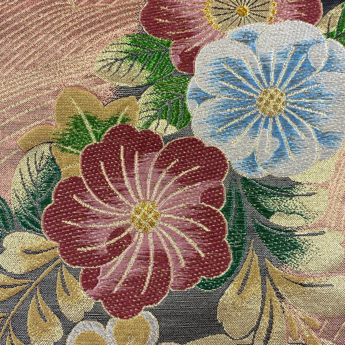 袋帯 秀品 草花 波 箔 金銀糸 朱色 六通 正絹