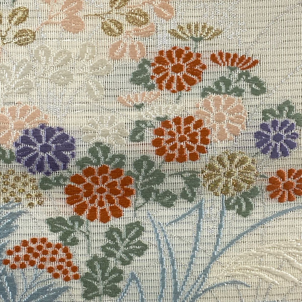 袋帯 秀品 夏帯 絽 秋草 金銀糸 刺繍 クリーム 六通 正絹