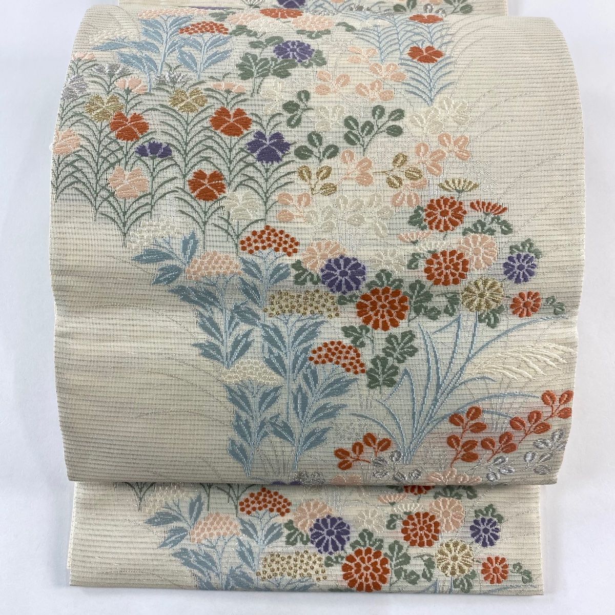 袋帯 秀品 夏帯 絽 秋草 金銀糸 刺繍 クリーム 六通 正絹 【中古