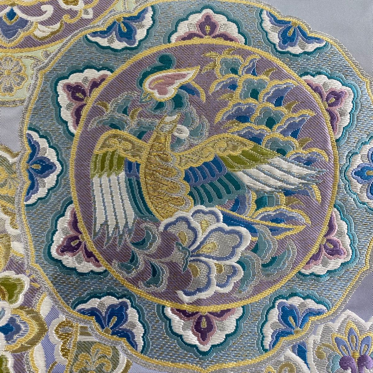 袋帯 名品 落款あり 富士 銀糸 青灰色 お太鼓柄 正絹 中古 袋帯 美品 名品 夏帯 トンボ 葉柄 金銀糸 ベージュ お太鼓柄 正絹