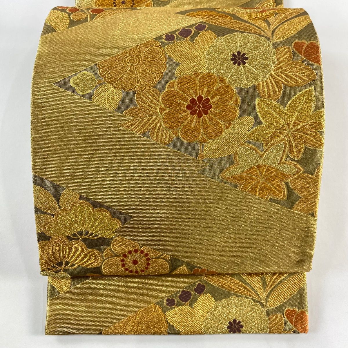 袋帯 秀品 菊 蝶 金糸 唐織 金色 六通 正絹