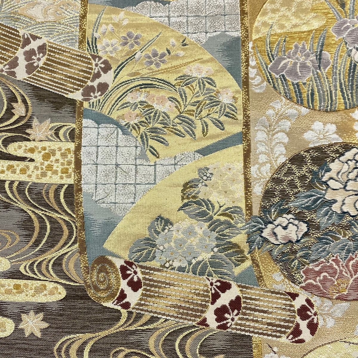袋帯 秀品 草花 流水 箔 金糸 金色 六通 正絹