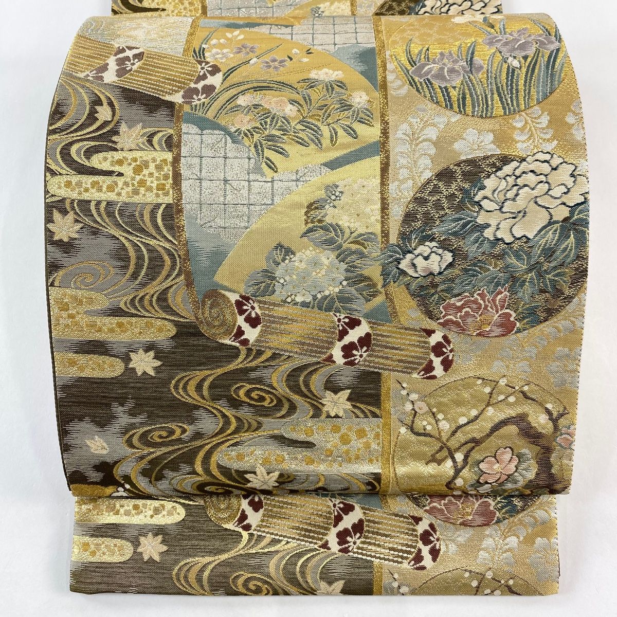 袋帯 秀品 草花 流水 箔 金糸 金色 六通 正絹
