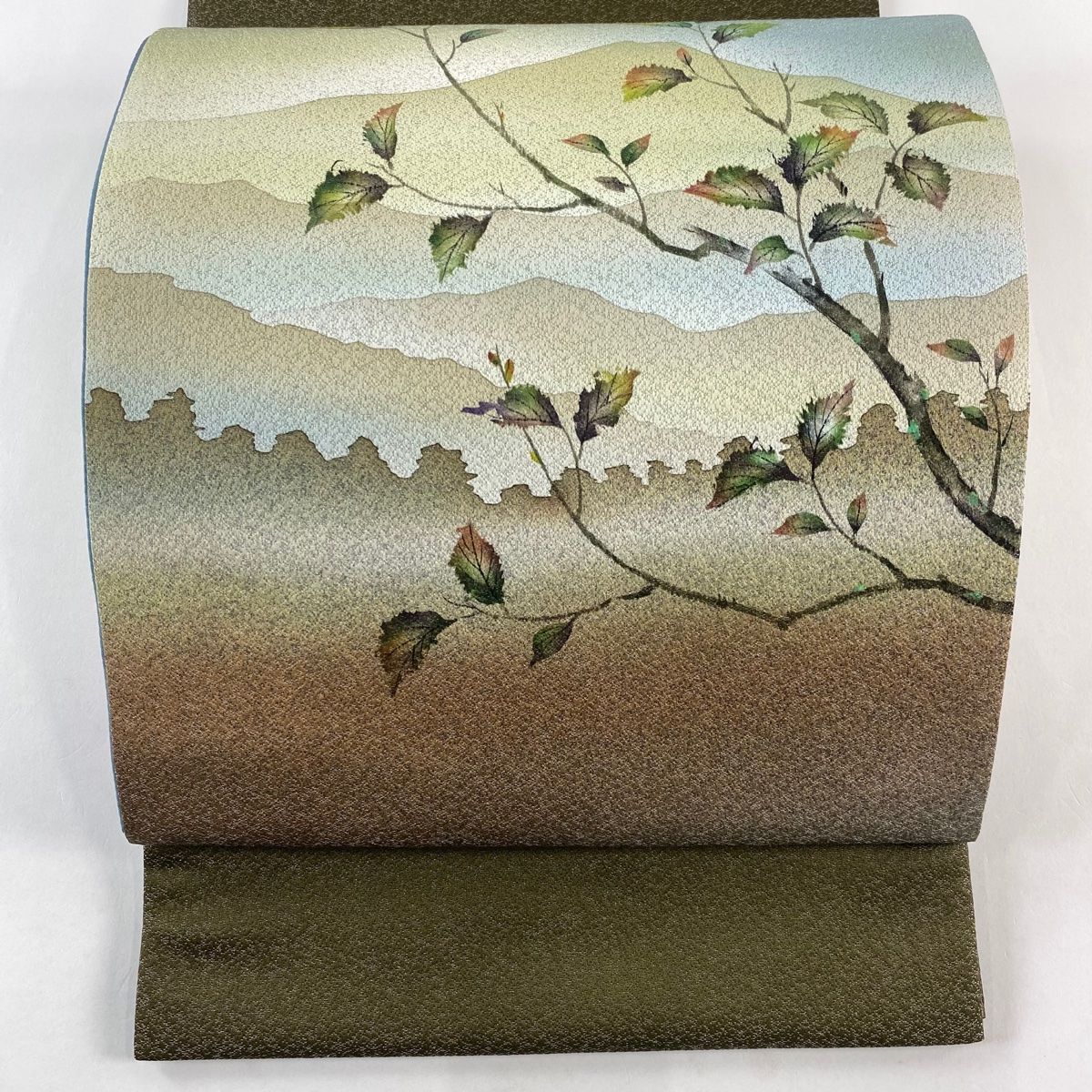 袋帯 秀品 落款 樹木 遠山 銀糸 茶緑色 お太鼓柄 正絹