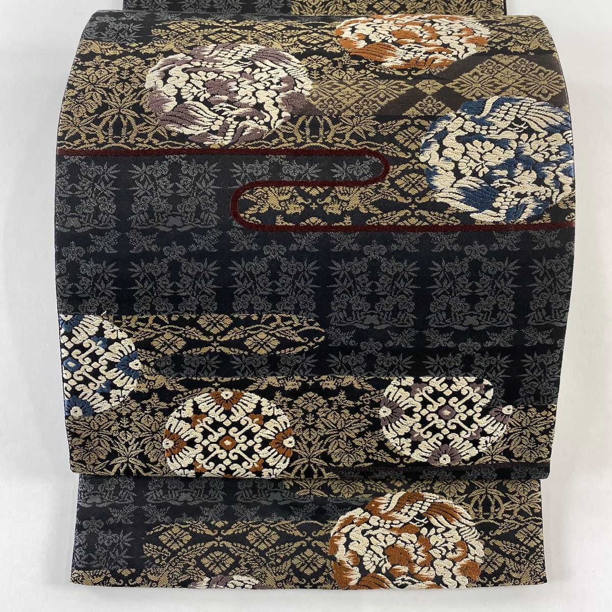 袋帯 秀品 落款 霜鳥忍の世界 霞 花鳥 金糸 金通し 墨色 六通 正絹