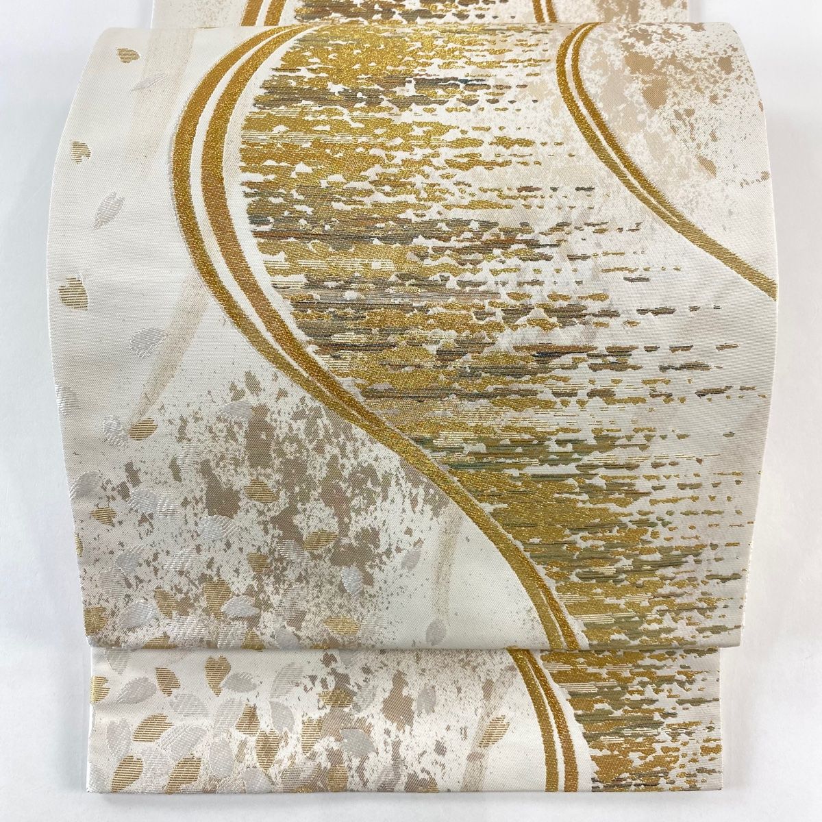 袋帯 秀品 流水桜吹寄文 金糸 真珠箔 ベージュ 六通 正絹