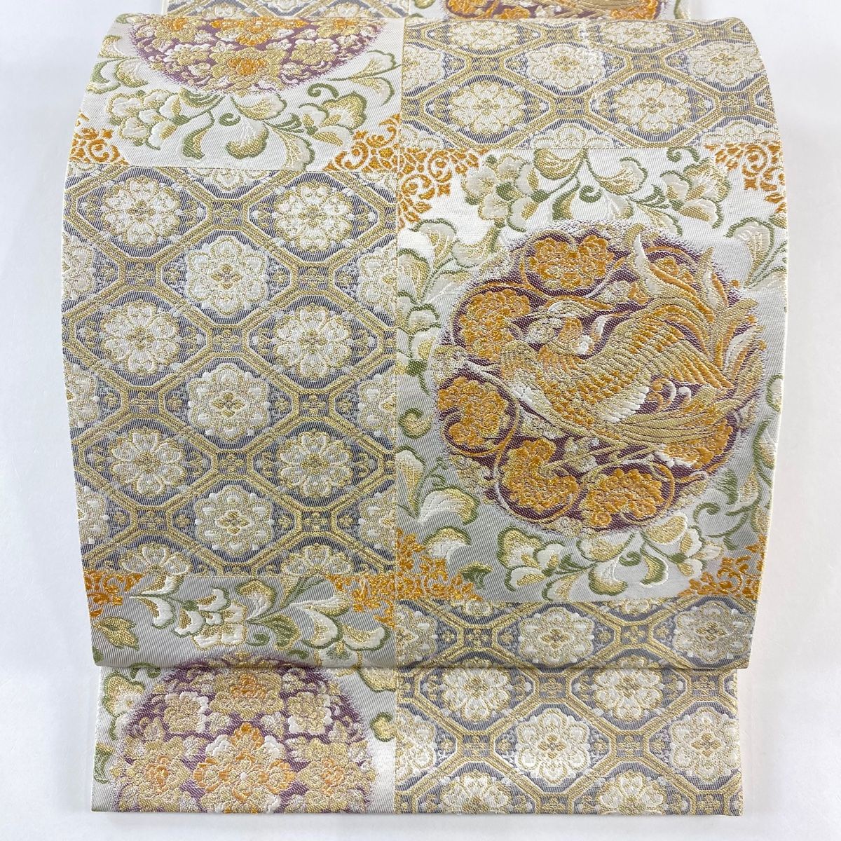 袋帯 秀品 玉華聚宝 金糸 箔 銀色 六通 正絹