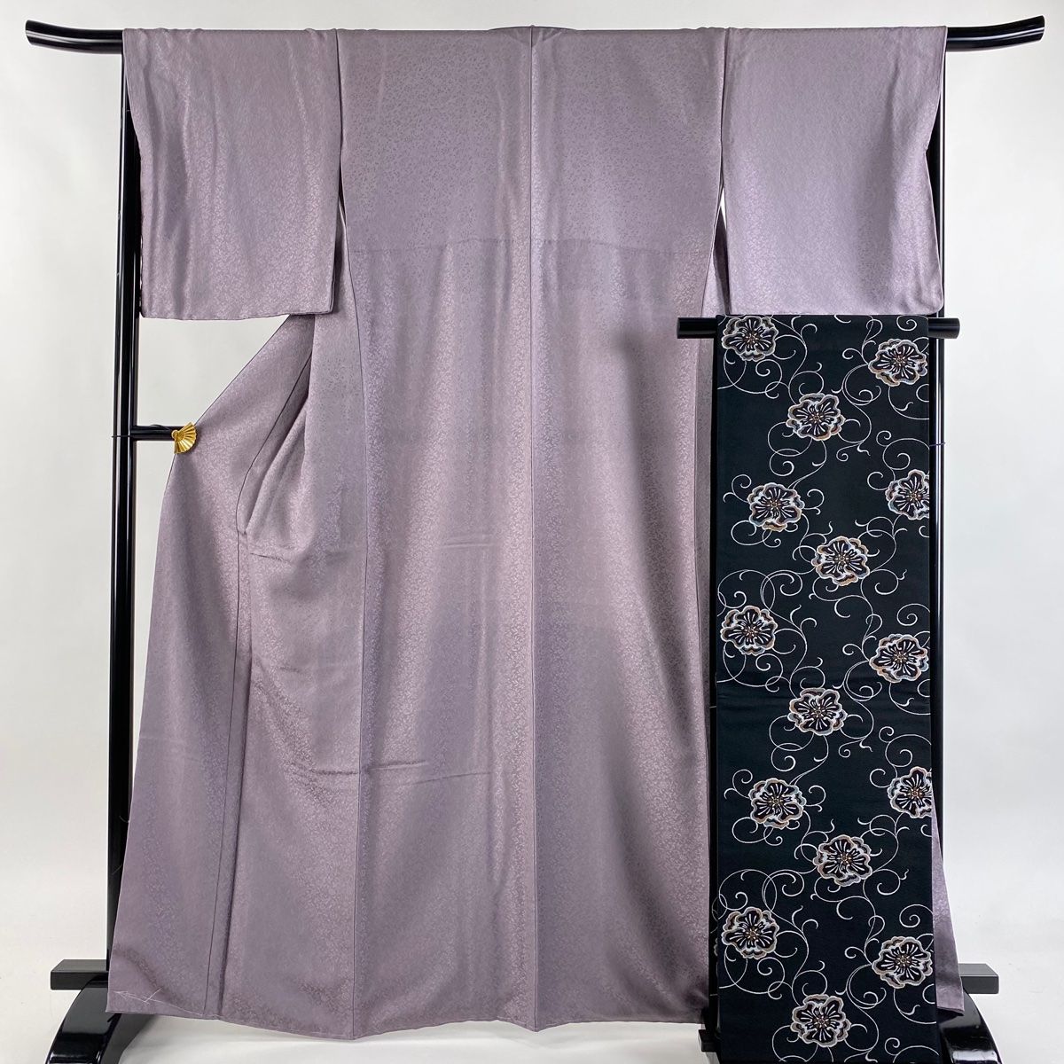 色無地 身丈165cm 裄丈66cm M 袷 袋帯セット 地紋 灰紫 正絹