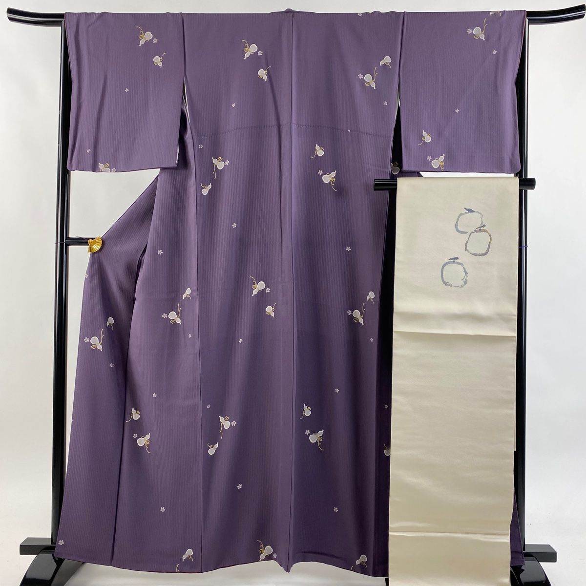 小紋 身丈162cm 裄丈65.5cm M 袷 袋帯セット 瓢箪 桜 金彩 紫 正絹 秀品