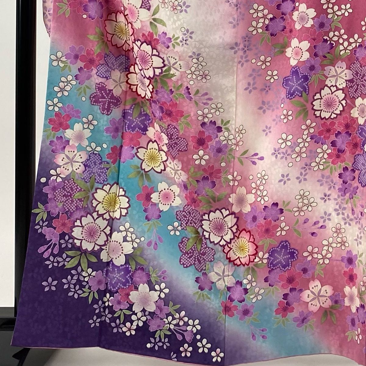 振袖 身丈166cm 裄丈63.5cm S 袷 袋帯フルセット 桜 金彩 染め分け クリーム 正絹 秀品