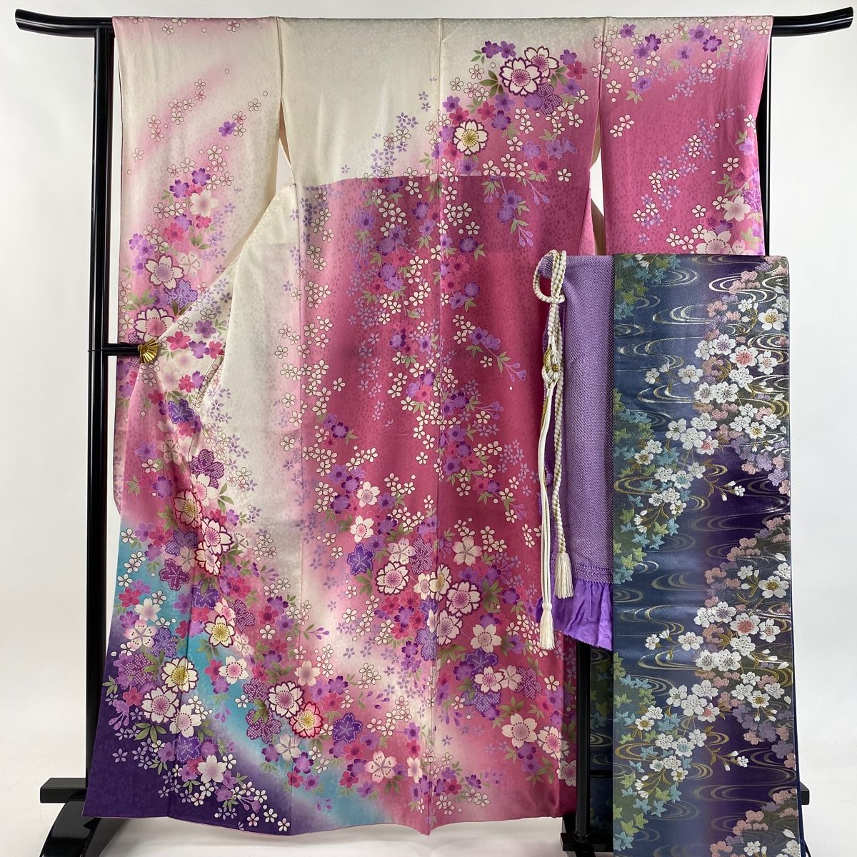 振袖 身丈166 cm 裄丈63 5 S 袷 袋帯フルセット 桜 金彩 染め分け クリーム 正絹 秀品