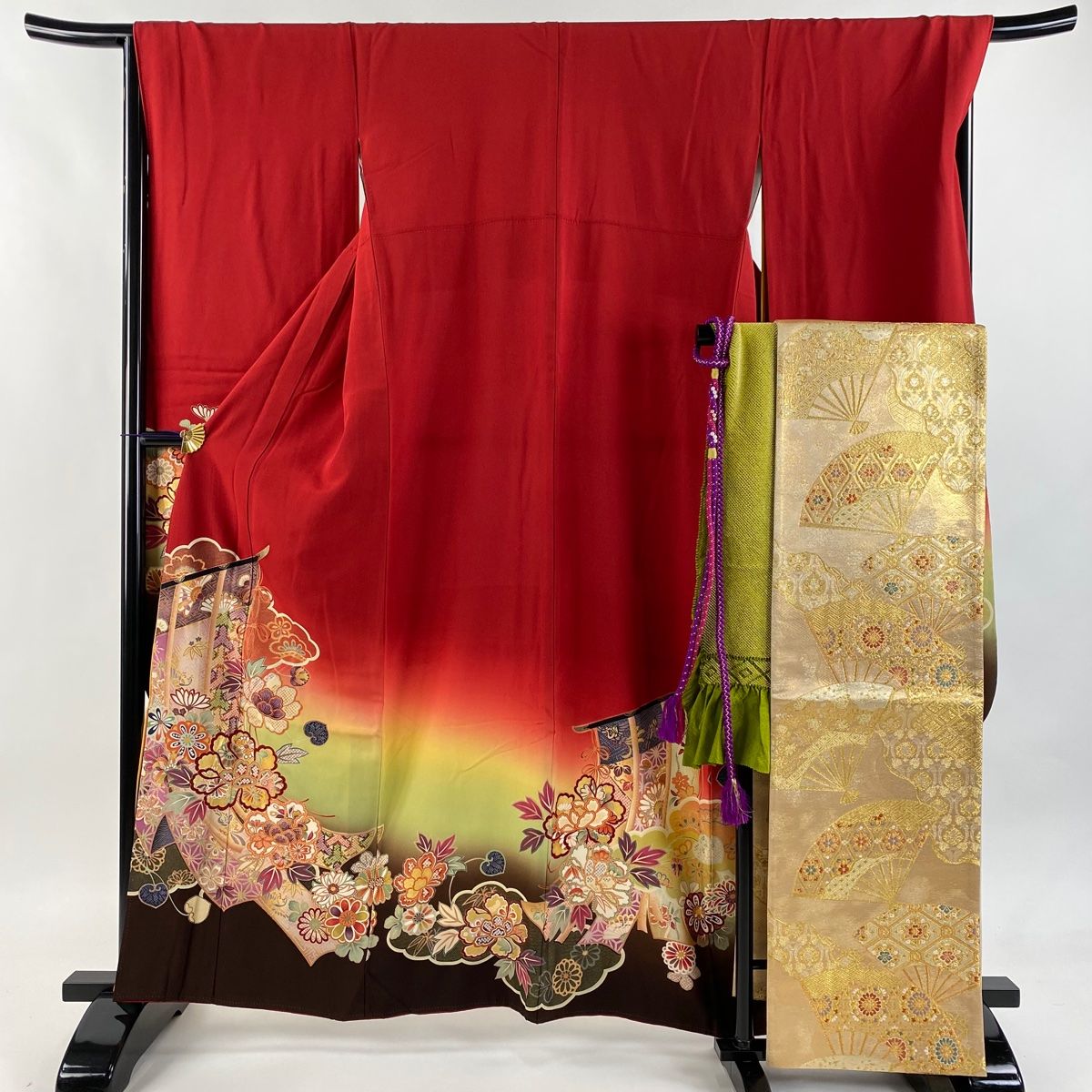 振袖 身丈161cm 裄丈67cm M 袷 袋帯フルセット 几帳 牡丹 金彩 ぼかし 赤 正絹 秀品