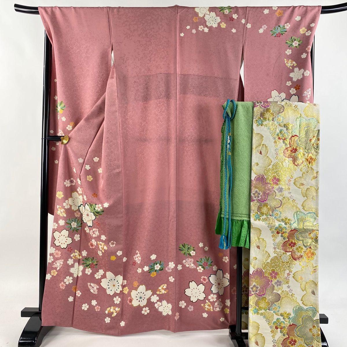 振袖 身丈166cm 裄丈70cm L 袷 袋帯フルセット 桜 花びら 金彩 ピンクベージュ 正絹
