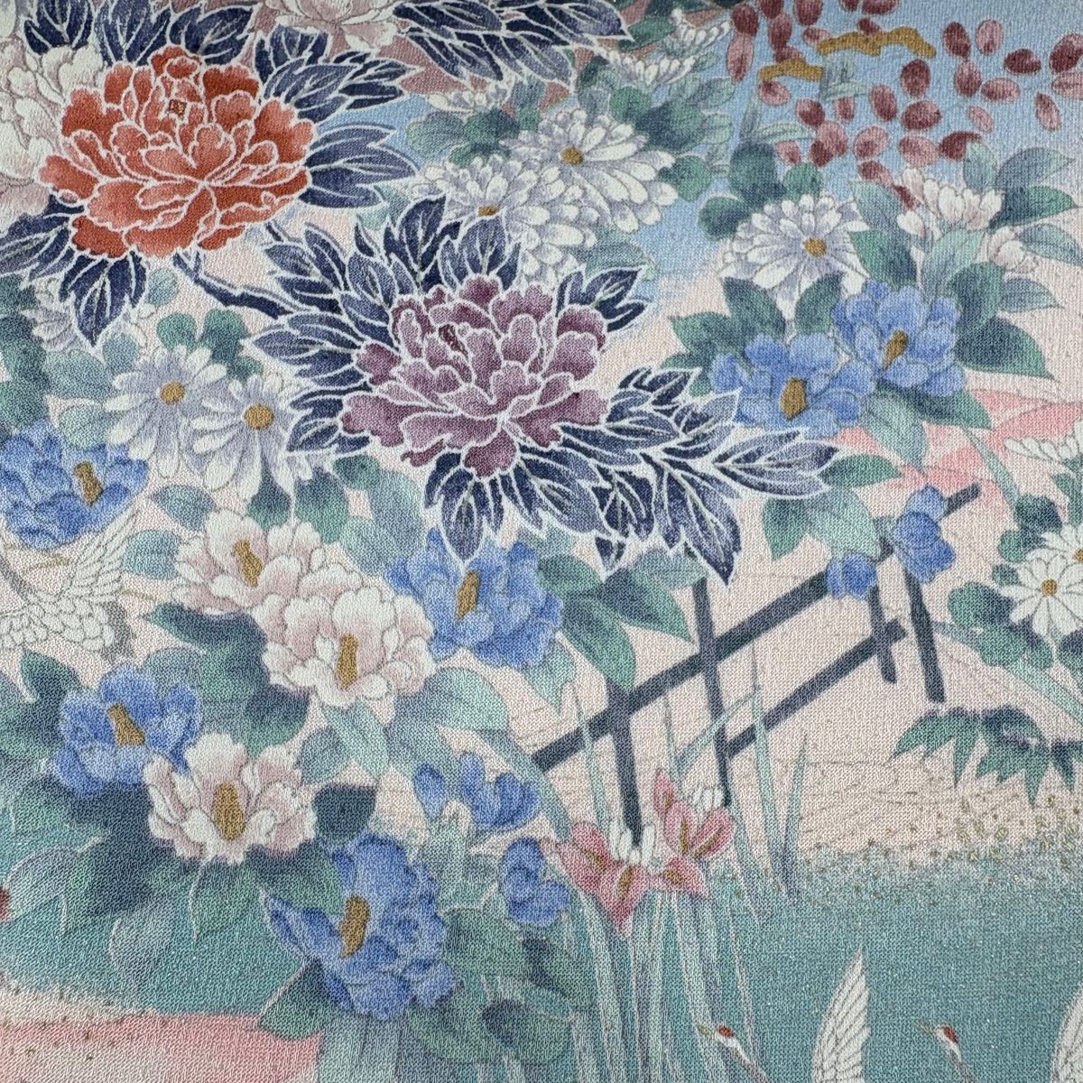 反物 秀品 小紋 草花 鶴 金銀彩 薄ピンク 正絹