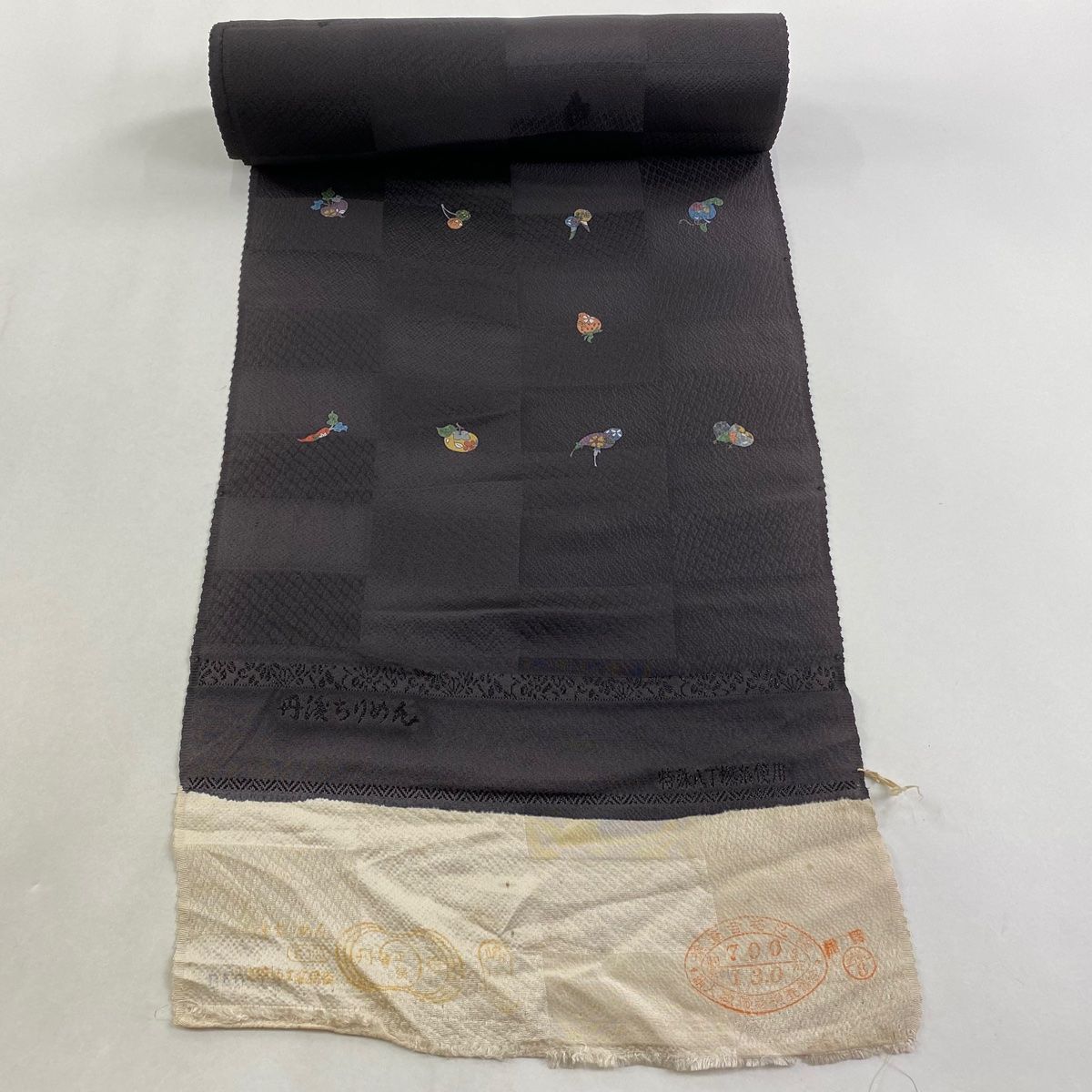 反物 秀品 小紋 野菜 果物 焦茶色 正絹