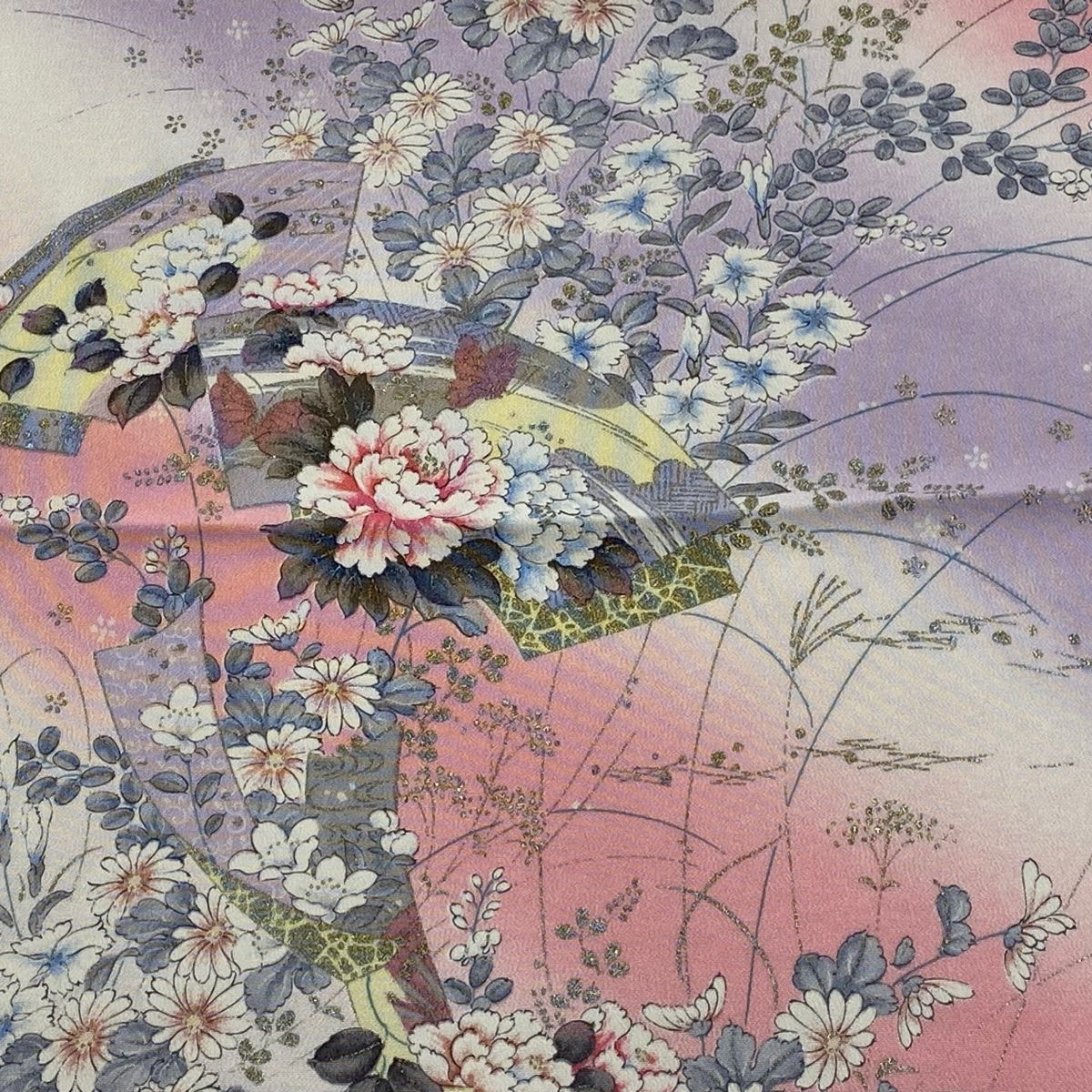 反物 秀品 小紋 扇面 草花 金銀彩 ぼかし ピンク 正絹