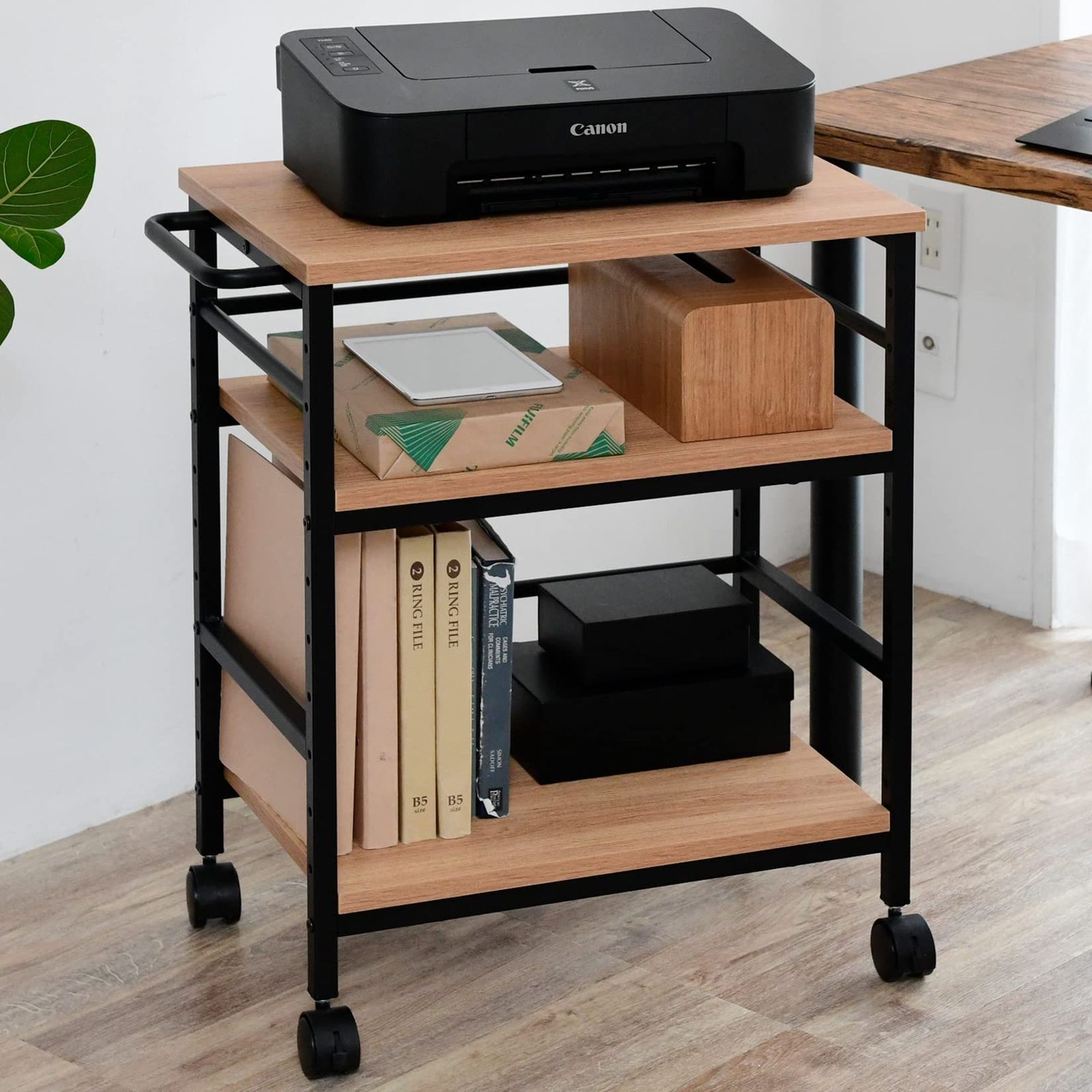 山善 YAMAZEN デスク サイドワゴン キャスター付き 幅35×奥行55 61.5 ×高さ70cm A4対応 棚板高さ調節 プリンター 台 ゲーム ラック 組立品 オーク MWT-60 OAK SBK