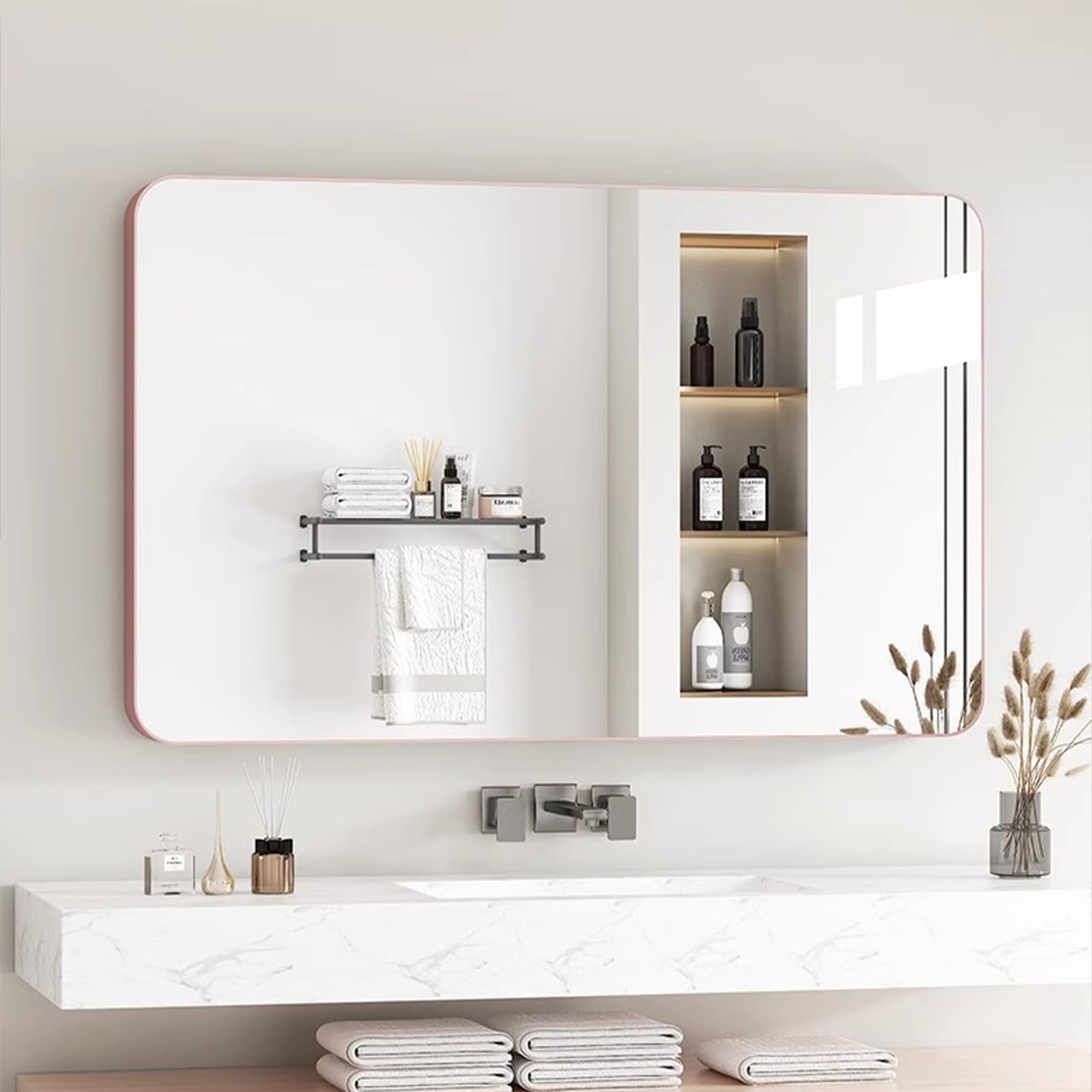 鏡 壁掛け 姿見鏡 化粧鏡 長方形 ウォールミラー アルミ合金フレーム 飛散防止加工 丸角 おしゃれ 玄関 洗面 浴室 寝室 お風呂 洗面台 ピンクゴールド