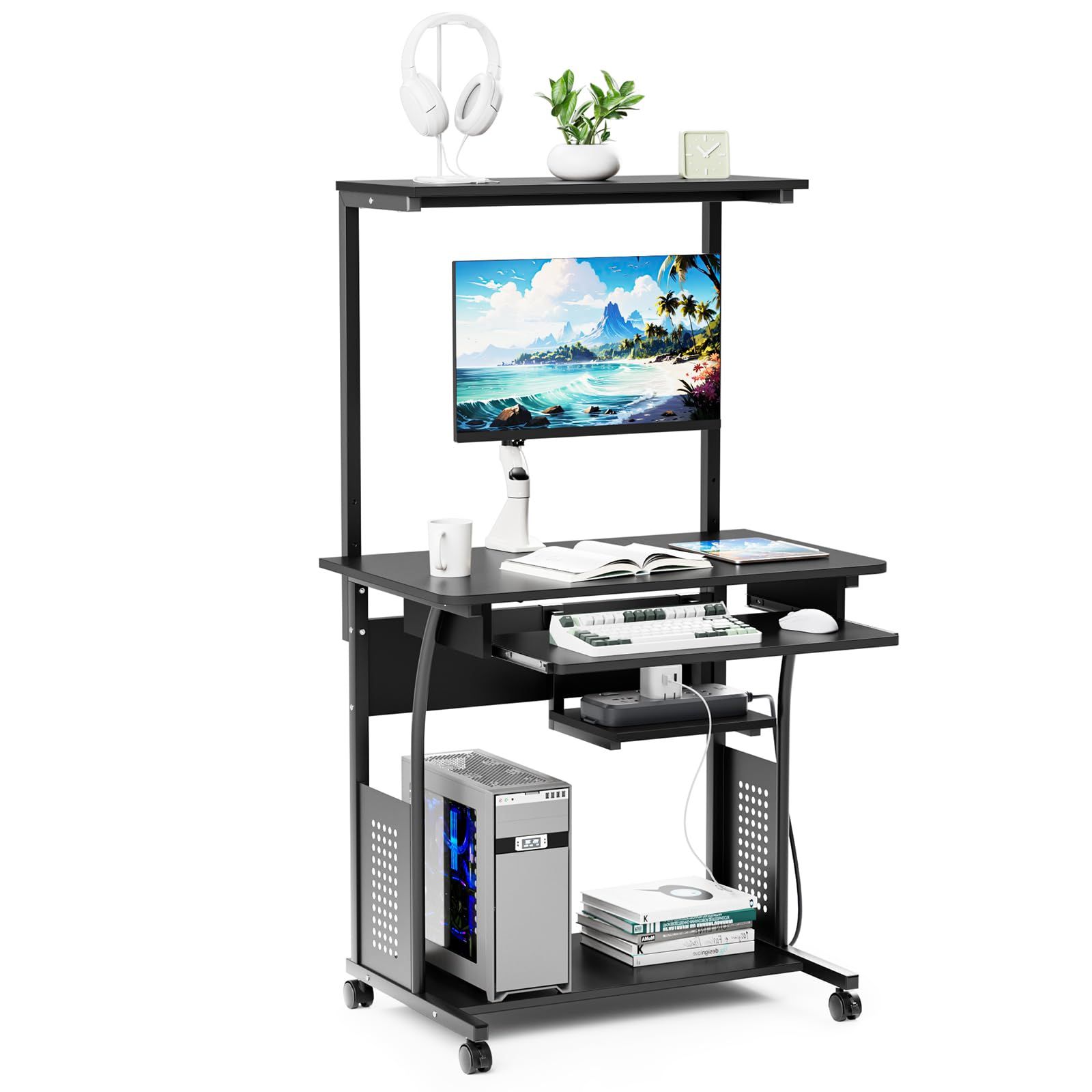 DEWEL パソコンデスク 机 pcデスク パソコンラック 収納ラック付き 木製 テーブル スライド キャスター キーボードテーブル付き PCラック 省スペース シンプル メラミン加工 ワークデスク学習机 80X50X135cm ブラック