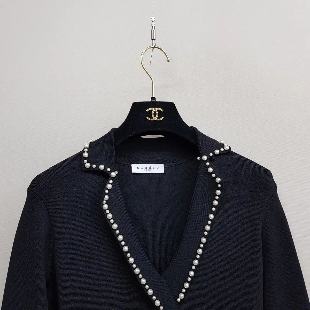 SANDRO サンドロ パール トリミング ニット フ ONE PIECE サイズ38 BLACKFEMALETHERAPIST_ORG